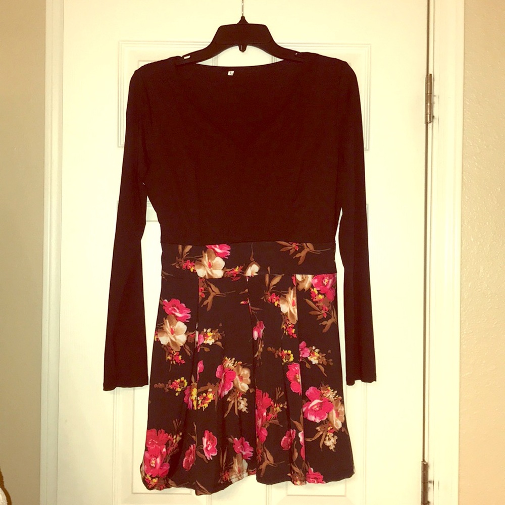 Black Long Sleeve Dress with Floral Skirt